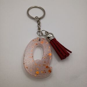 Handmade Resin Letter Q Keychain White Orange Glitter Tassel Charm